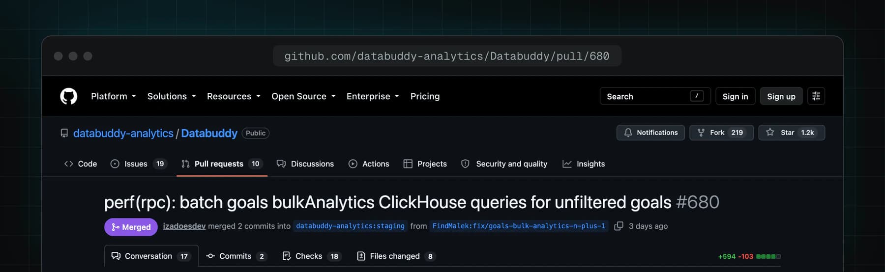Header of Databuddy pull request #680, "perf(rpc): batch goals bulkAnalytics ClickHouse queries for unfiltered goals", shown as merged into staging with 594 additions and 103 deletions.