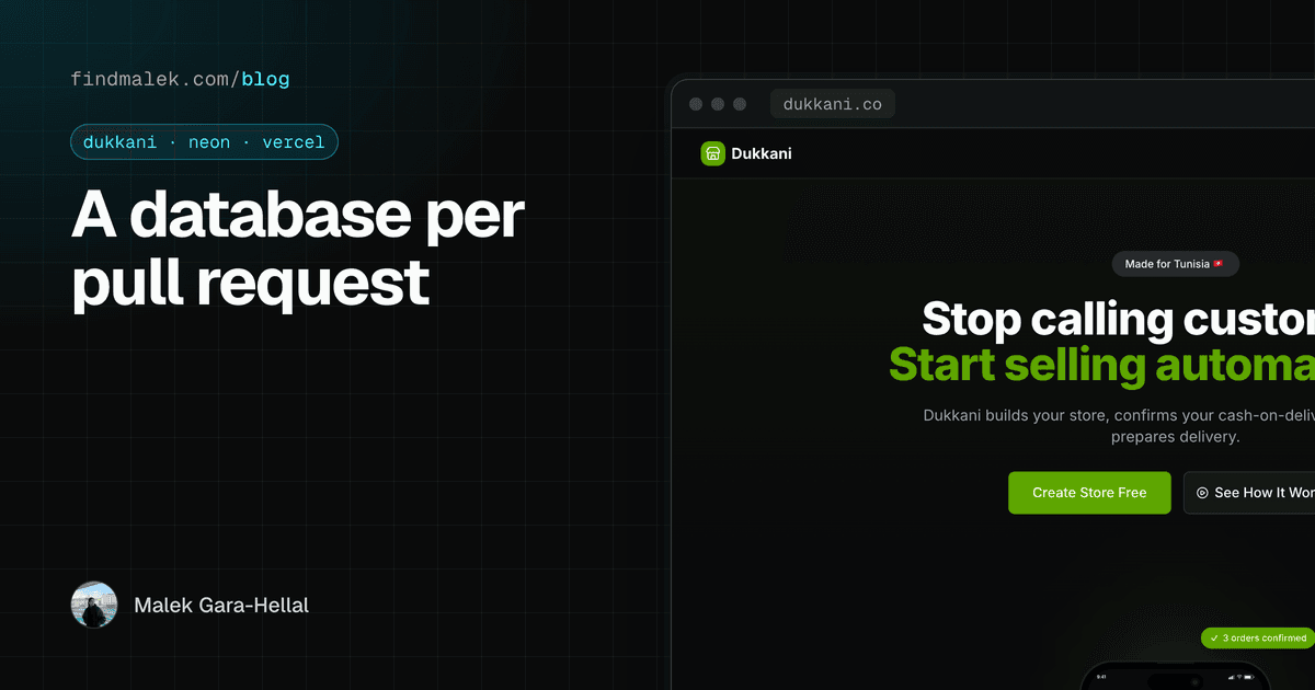 Cover for "A database per pull request", framing the dukkani.co landing page in a browser window