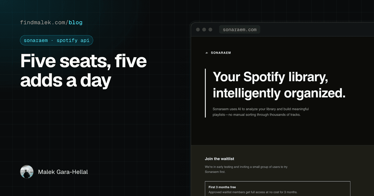 Cover for "Five seats, five adds a day", framing the sonaraem.com landing page in a browser window