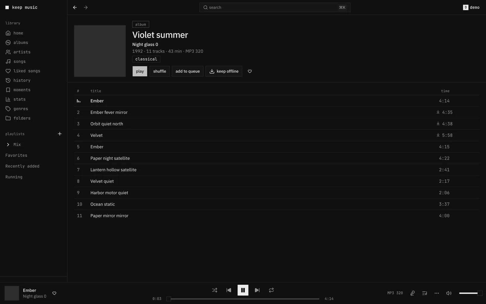 An album with the first song playing and arrows next to the time of tracks 2, 3, 4, 6, 8 and 9, which are saved for offline.