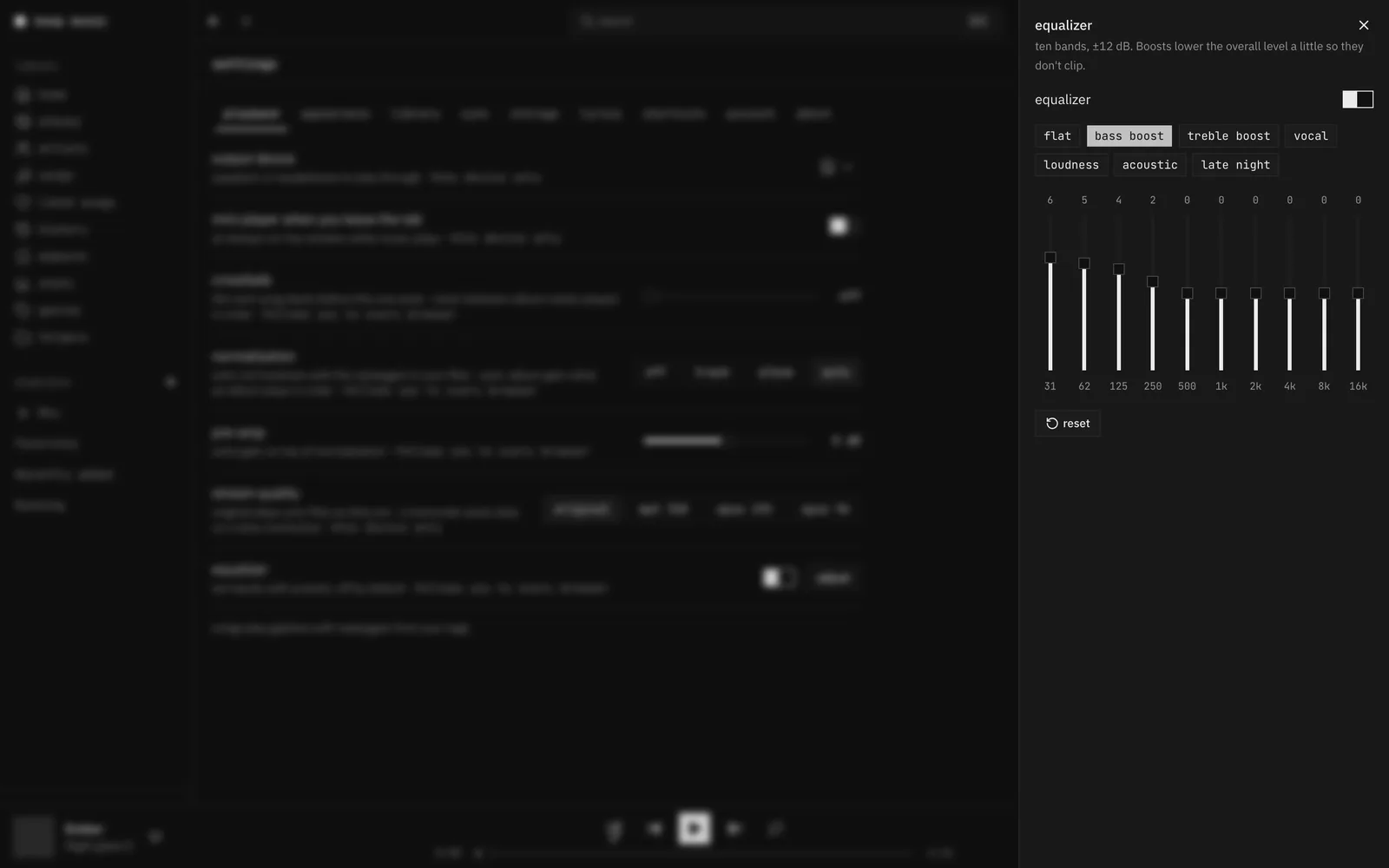 The equalizer sheet with ten bands from 31 Hz to 16 kHz and presets such as bass boost, treble boost and late night.