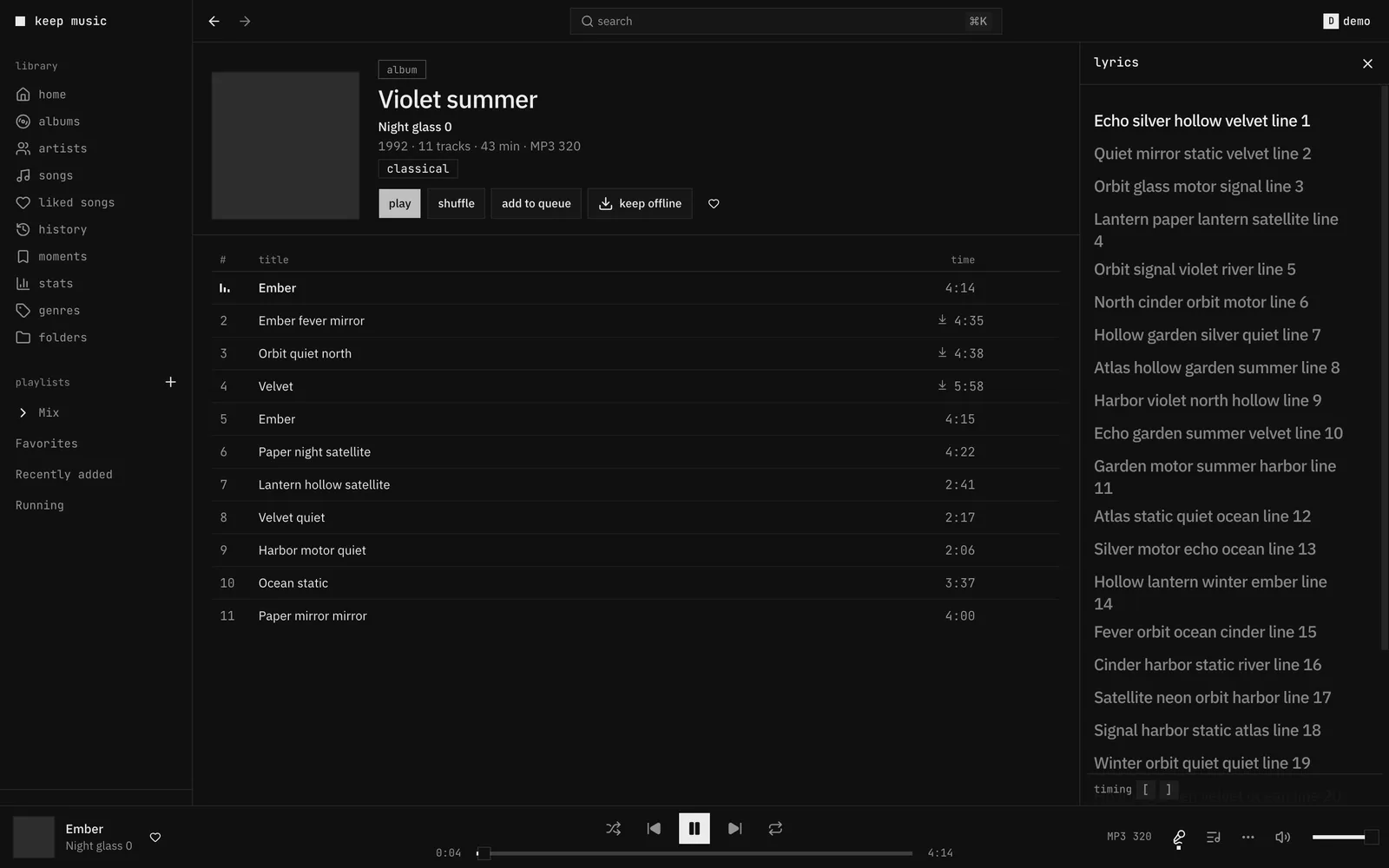 The lyrics panel next to an album, with the current line in white and the others in grey, and timing controls at the bottom.