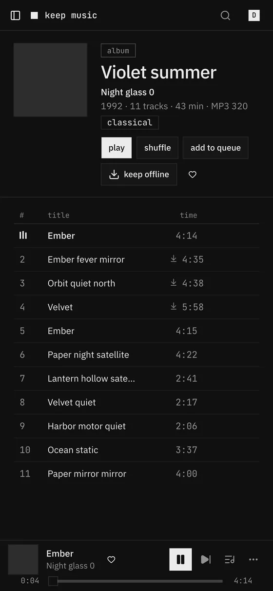 The album page at phone width, with a single-column layout, the player bar pinned to the bottom and the queue and more buttons in it.