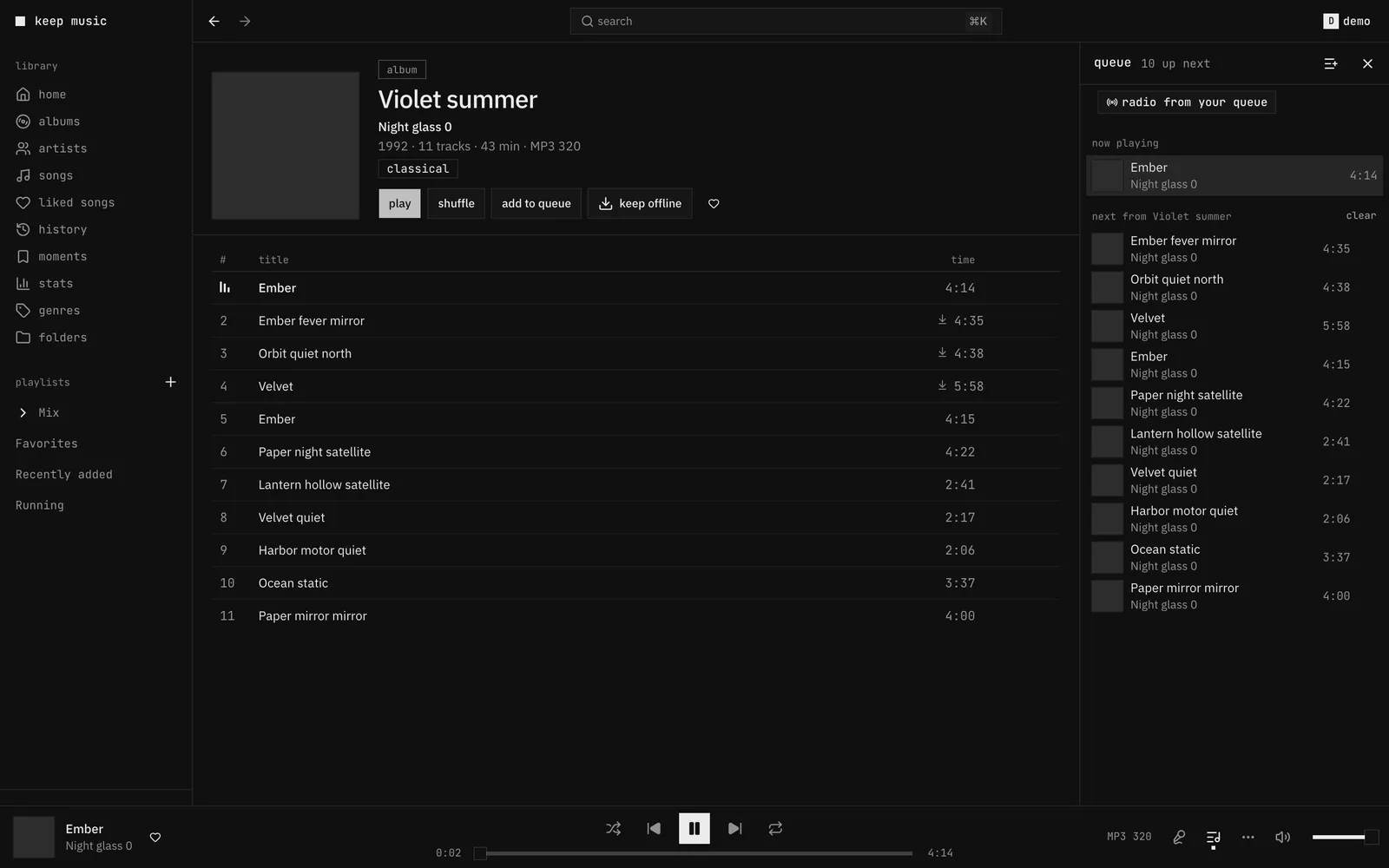 Album page of the demo library with the queue panel open on the right, the player bar at the bottom and three upcoming songs marked as saved for offline.