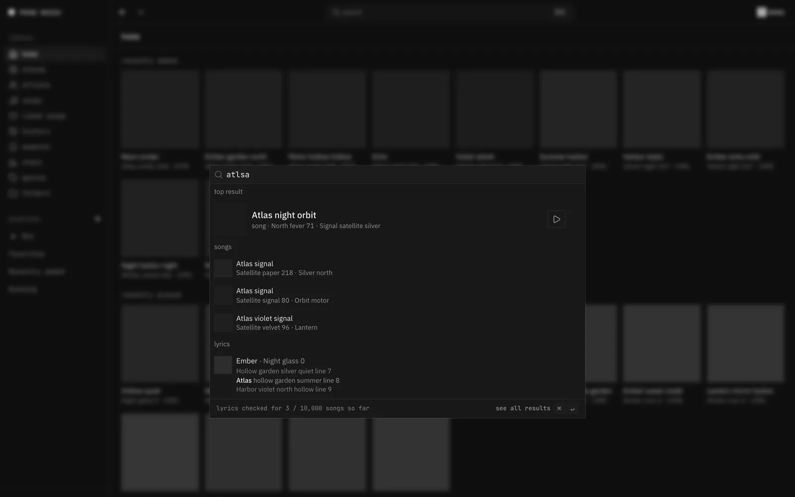 The command palette with the query atlsa typed. The top result is the song Atlas night orbit, with more songs and a lyrics match below it.