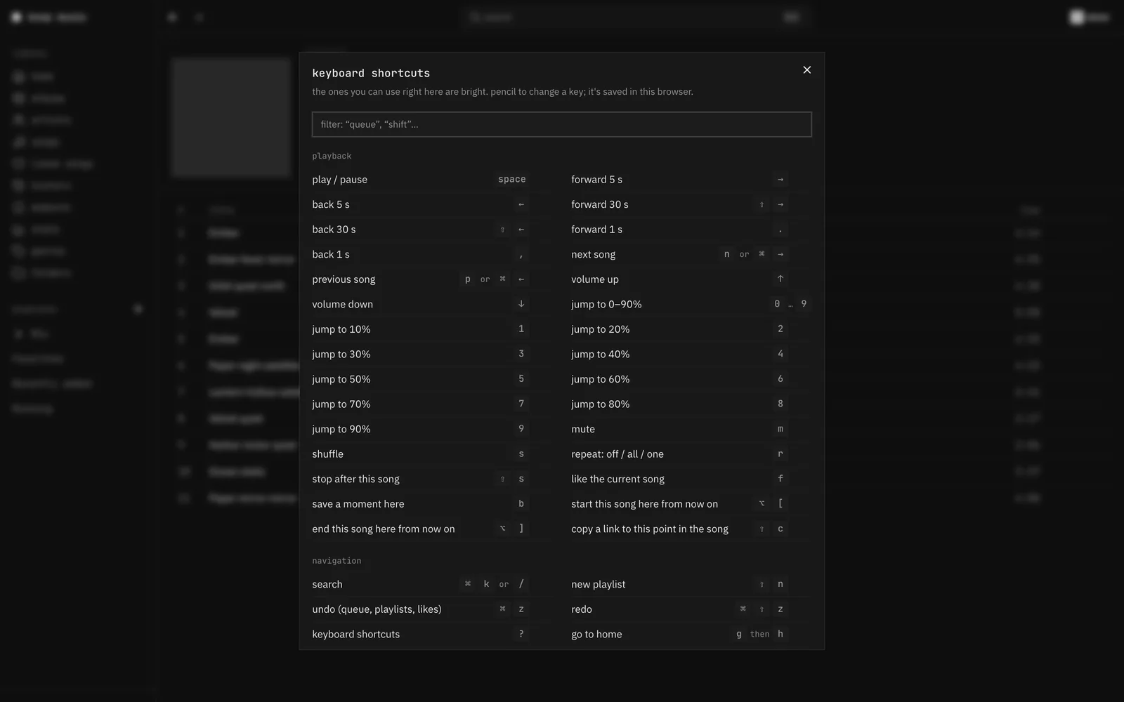 The keyboard shortcuts sheet with a filter box and the playback shortcuts in two columns.