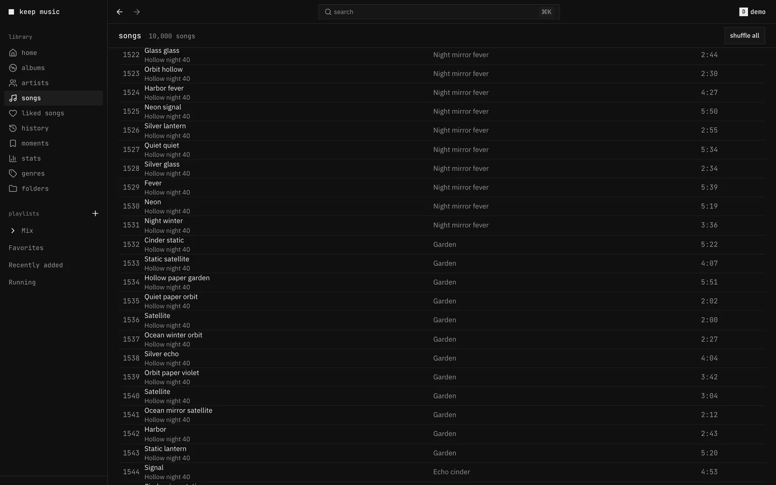 The songs page of the demo library scrolled to row 1,500, with the sidebar, the page header saying 10,000 songs and a table of rows.